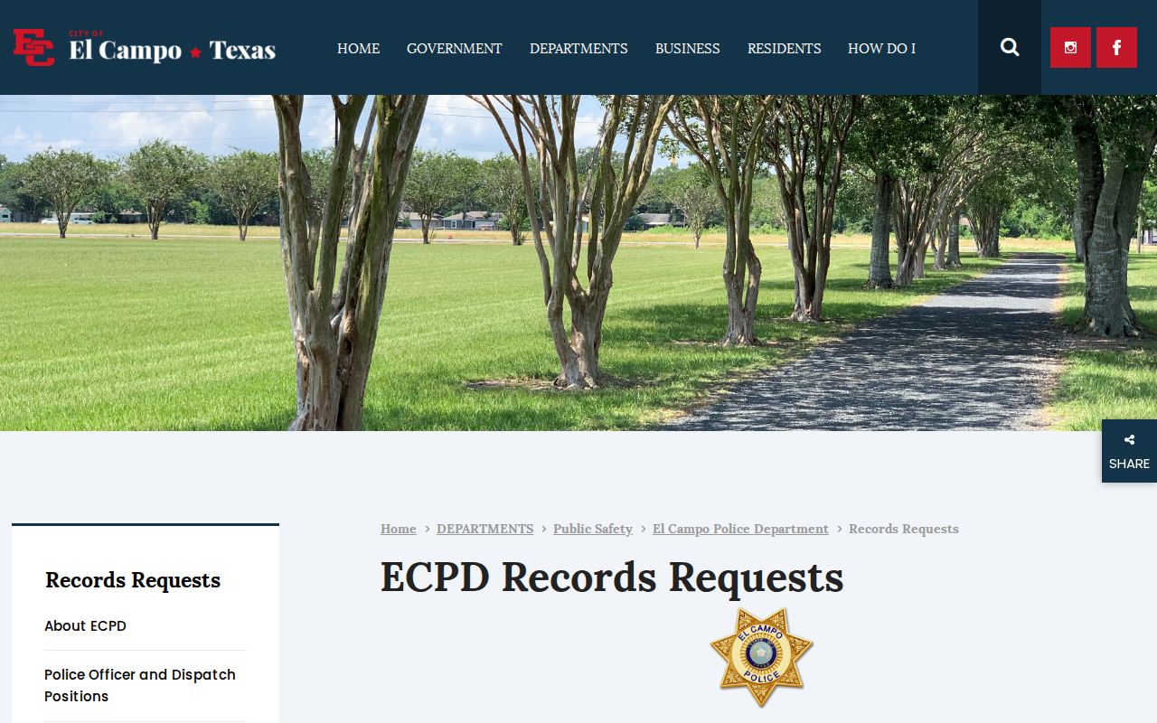 El Campo, Wharton County criminal records police request page