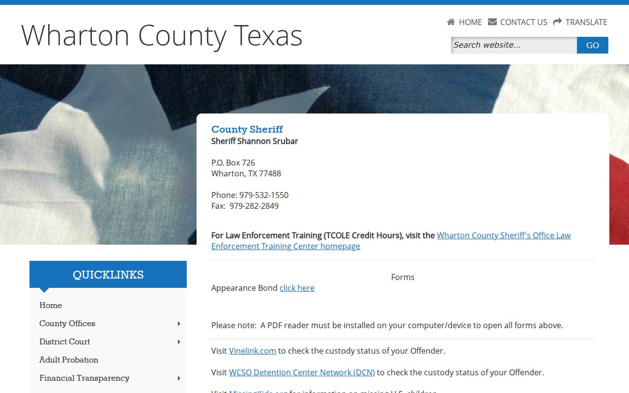 Wharton County arrest lookup from the Sheriff page
