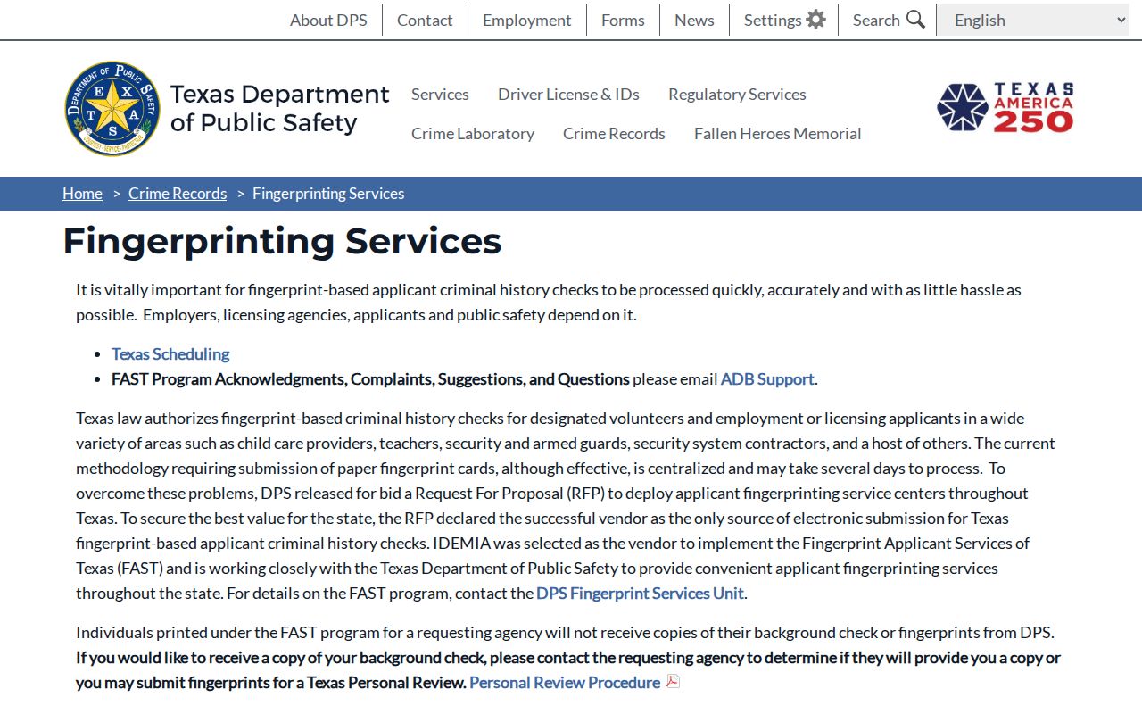 Wharton County criminal history FAST fingerprint services