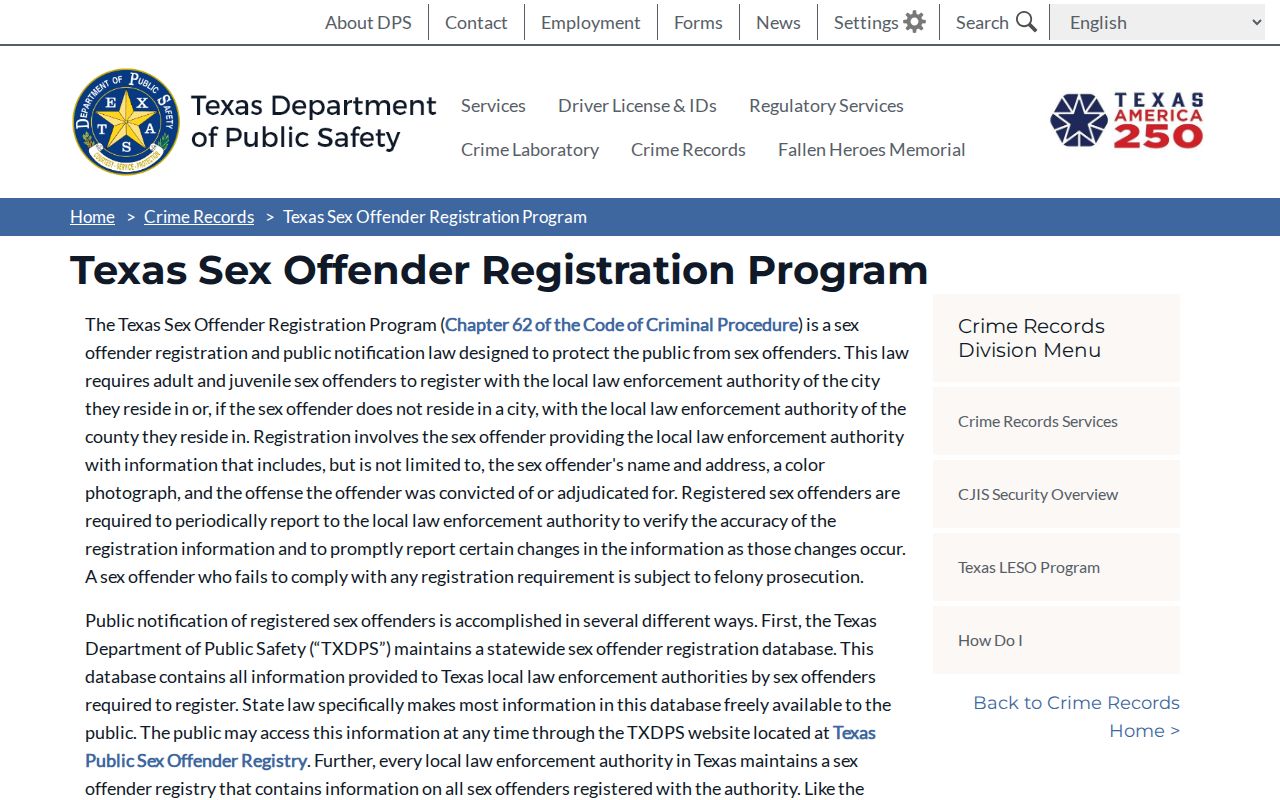 Wharton County sex offender registration program at Texas DPS